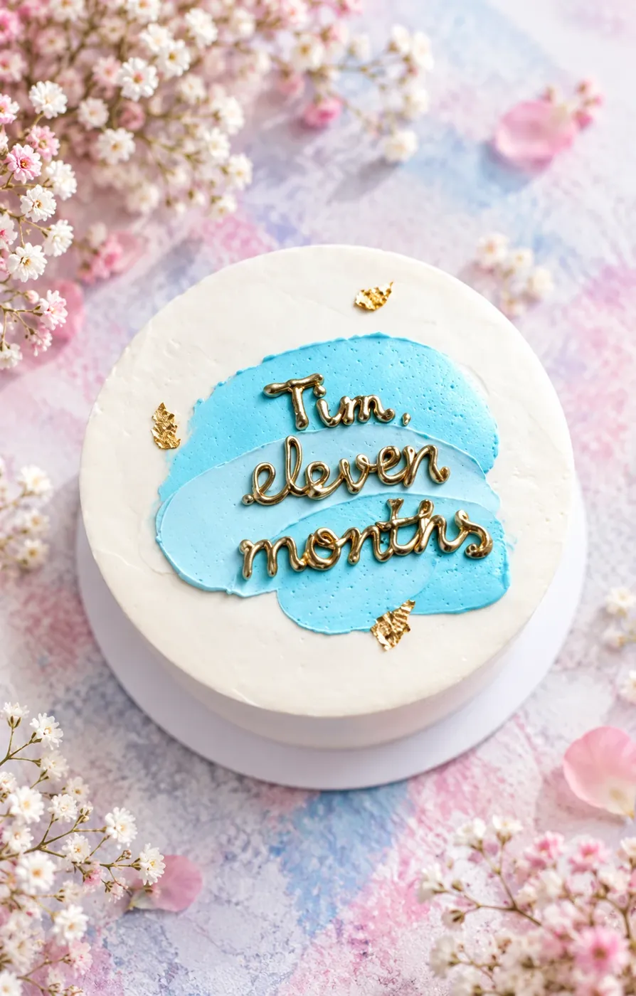 Белый торт с голубыми мазками крема и золотой надписью «Tim, eleven months»