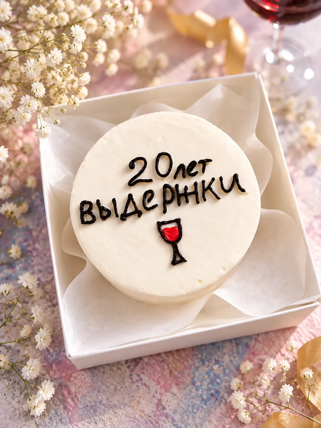 Белый бенто-торт с надписью «20 лет выдержки» и рисунком бокала красного вина