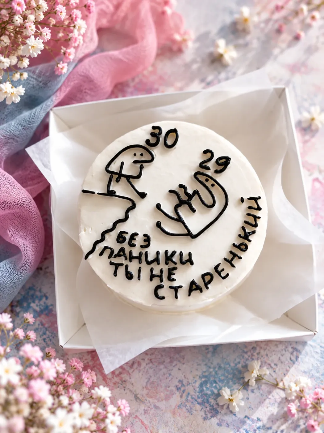 Бенто-торт на 30 лет с рисунком и надписью «Без паники, ты не старенький»