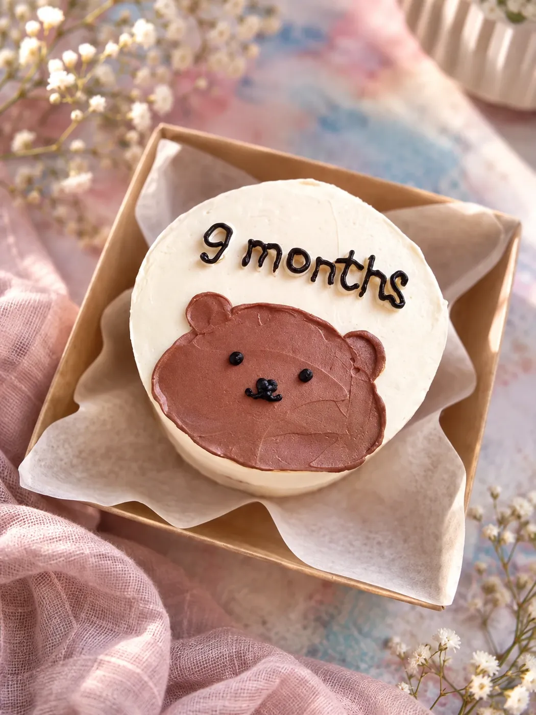 Бенто-торт с шоколадным мишкой и надписью «9 months» в крафтовой коробке
