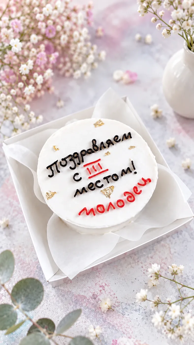 Белый бенто-торт с надписью «Поздравляем с III местом! Молодец» и золотой поталью